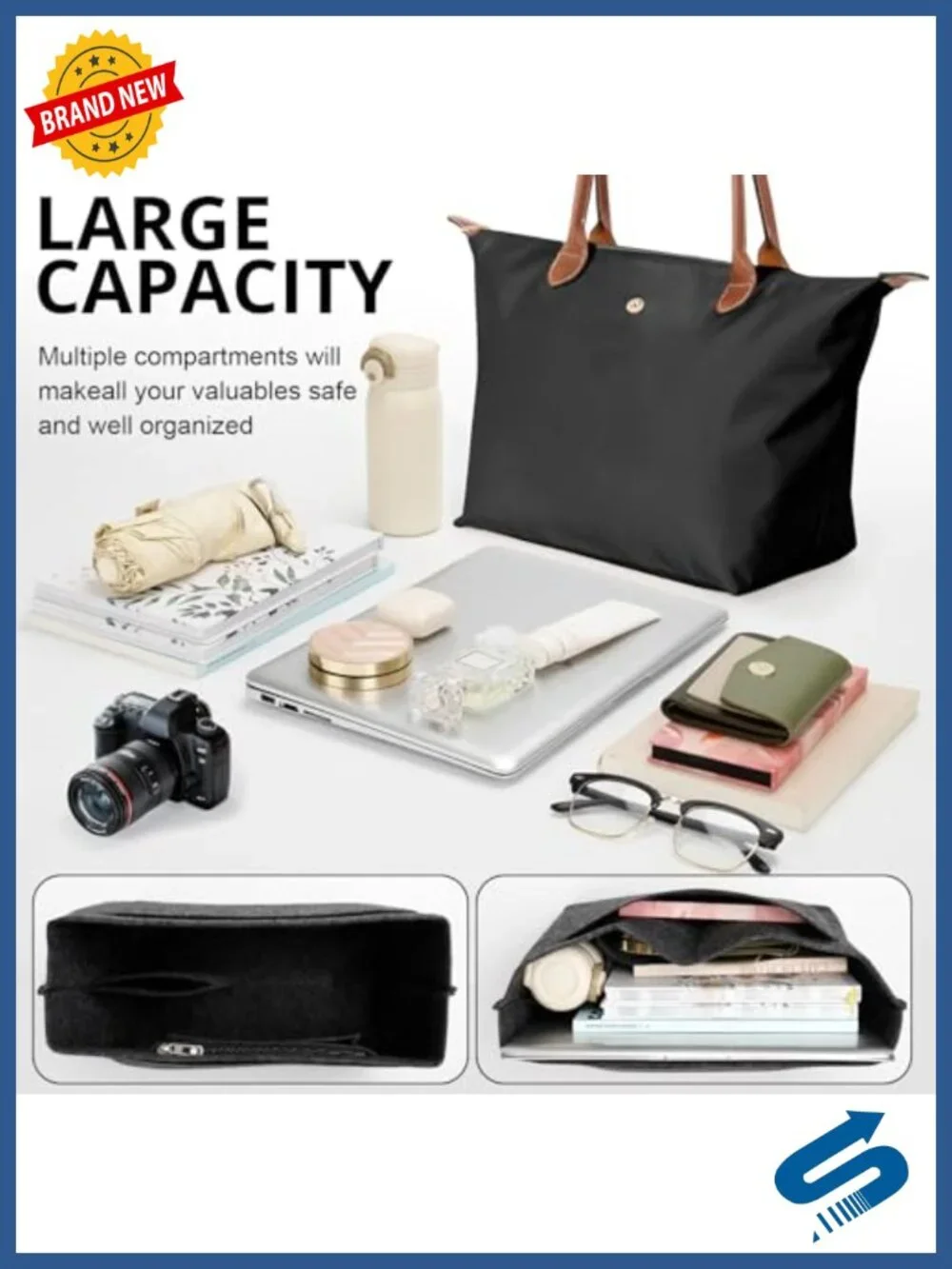 Large Capacity Foldable Waterproof Nylon Tote Bag with Purse Organizer Insert